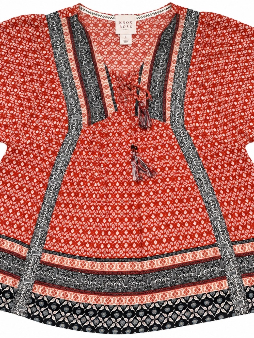 Knox Rose Red Printed Peasant Tunic with Black & Cream Trim